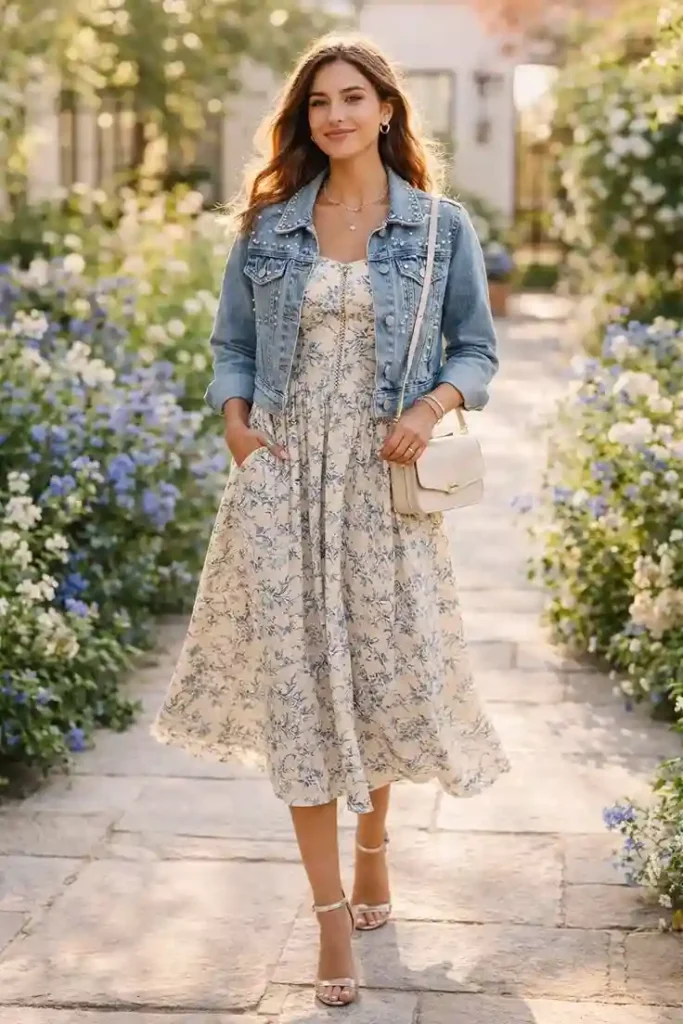 Cute, Cozy, and Easy: 15 Cute Fall Outfits You’ll Want on Repeat 9 Floral Midi Dress With a Cropped Denim Jacket