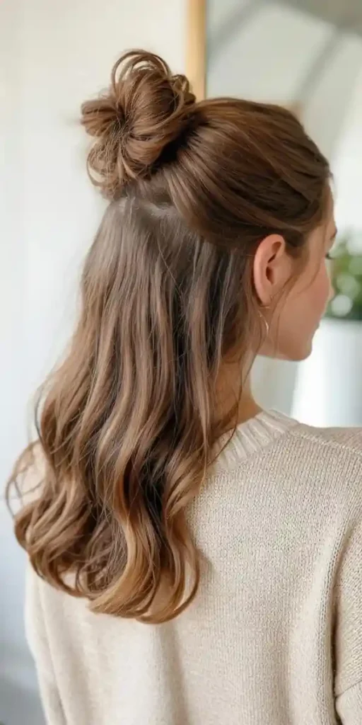 15 Short Hair Updo Ideas That Look Expensive, Effortless, and Ready in Minutes 4 Half Up Top Knot