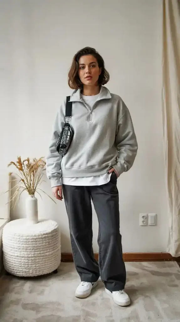 Easy Style Days: 14 Casual Fall Outfits That Still Look Put Together 14 Half Zip Fleece With Parachute Pants
