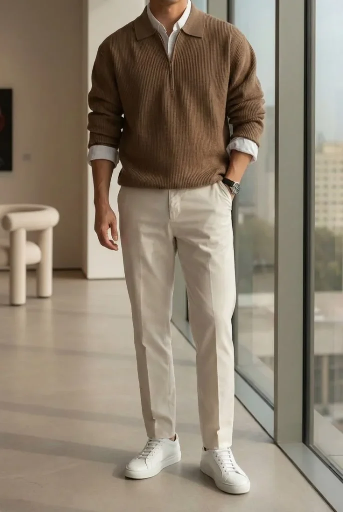 Cool Layers, Zero Fuss: 16 Fall Outfits Men Can Actually Wear 7 Half Zip Sweater With Tailored Trousers