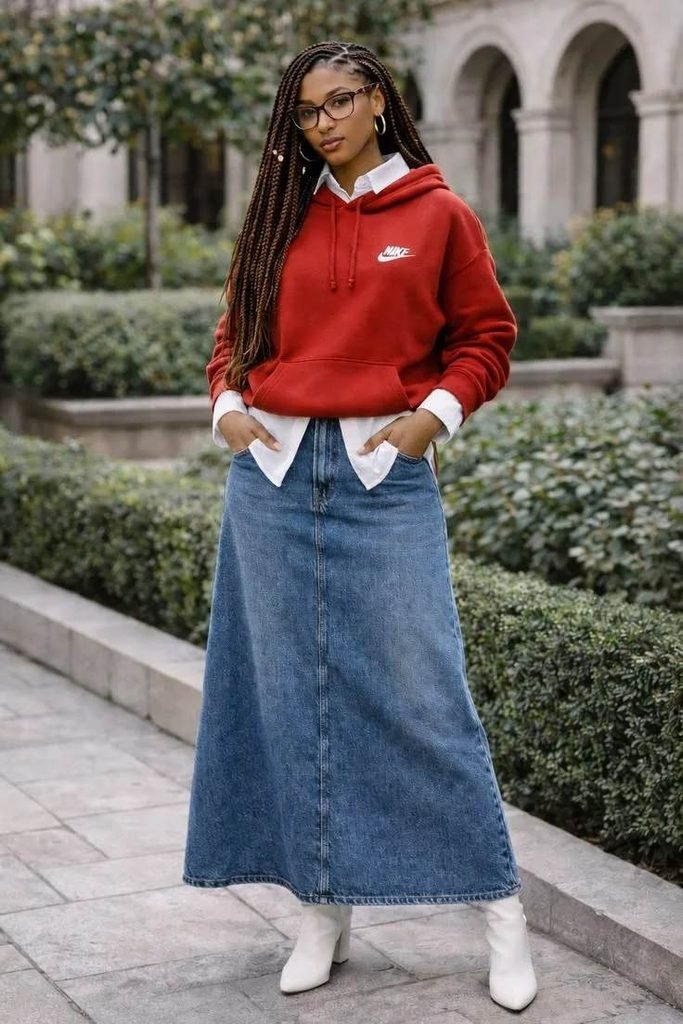 Hoodie Denim Skirt Boots