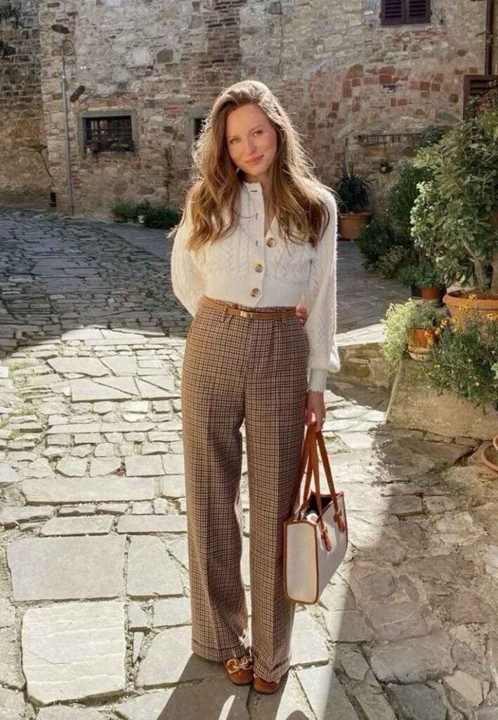 Knit Shell Top With Checked Trousers