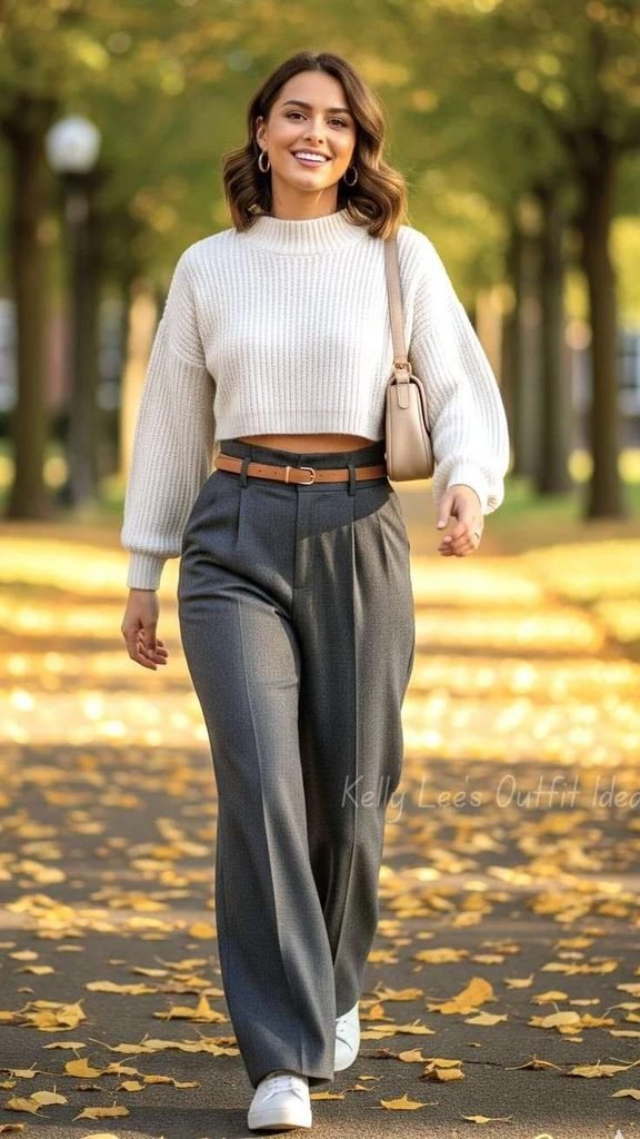 16 Simple Outfit Ideas That Look Effortless, Chic, and Actually Wearable 4 Knit Sweater Wide Leg Trousers