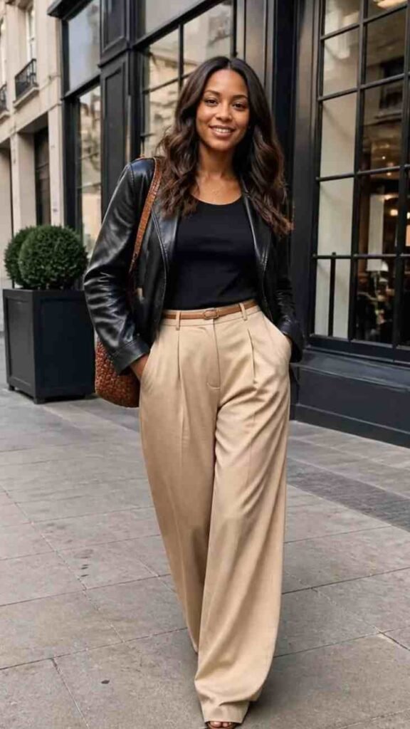 Fall Dressing Made Easy: 16 Fall Outfits for Women That Feel Effortlessly Stylish 5 Leather Jacket With Wide Leg Trousers