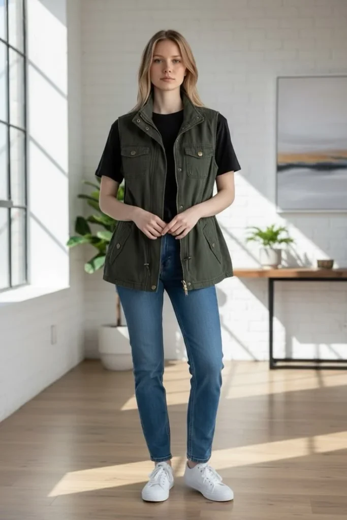 That In-Between Weather Look: 16 Early Fall Outfits That Feel Just Right 7 Lightweight Utility Vest With a Simple Tee