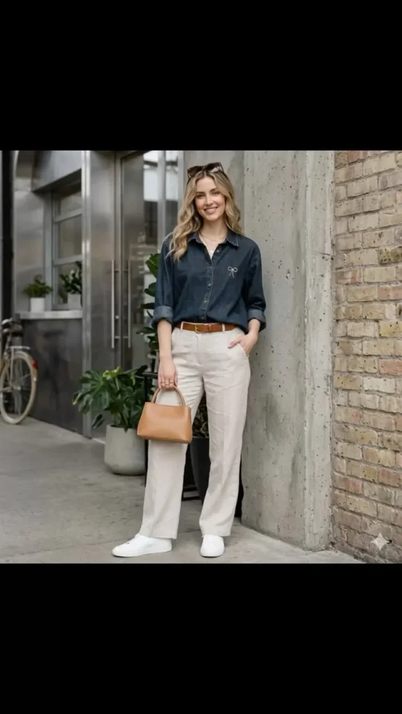 That In-Between Weather Look: 16 Early Fall Outfits That Feel Just Right 3 Linen Button Down With Dark Denim