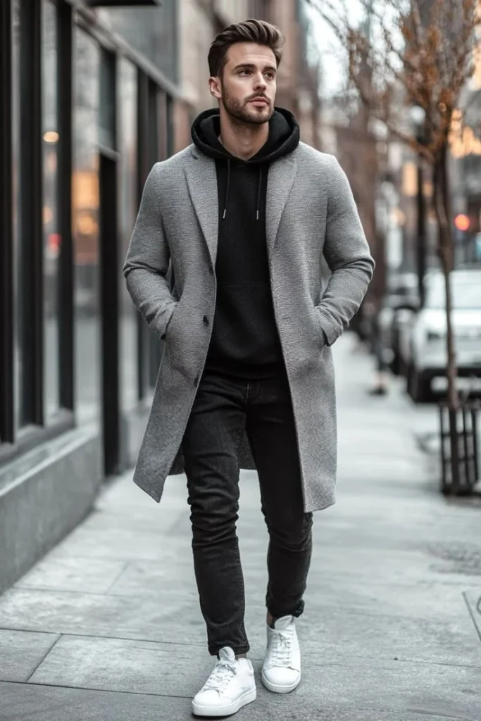 Cool Layers, Zero Fuss: 16 Fall Outfits Men Can Actually Wear 17 Long Overcoat With Hoodie and Sneakers