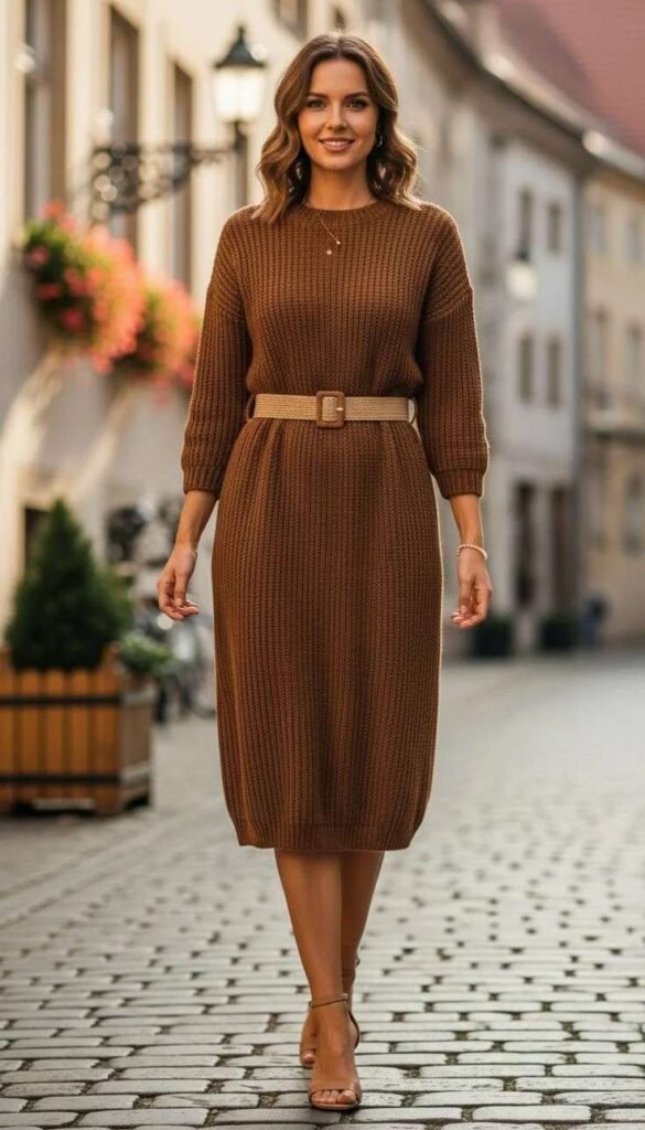 Mock Neck Knit Dress With a Slim Belt