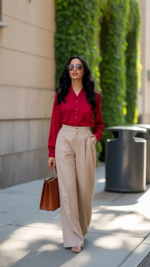 Soft Layers, Dreamy Details: 17 Fall Outfits Aesthetic Lovers Will Save for Later 13 Muted Red Top With Camel Trousers