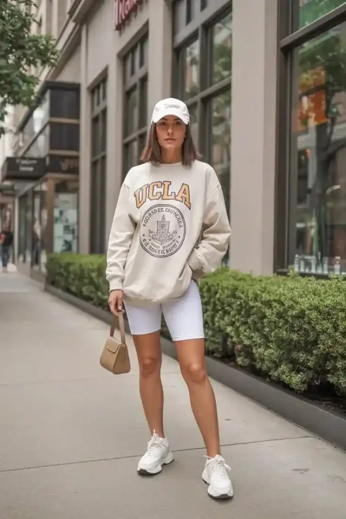18 Disney Outfit Ideas That Look Magical Without Feeling Like a Costume 4 Neutral Mickey Sweatshirt and Biker Shorts