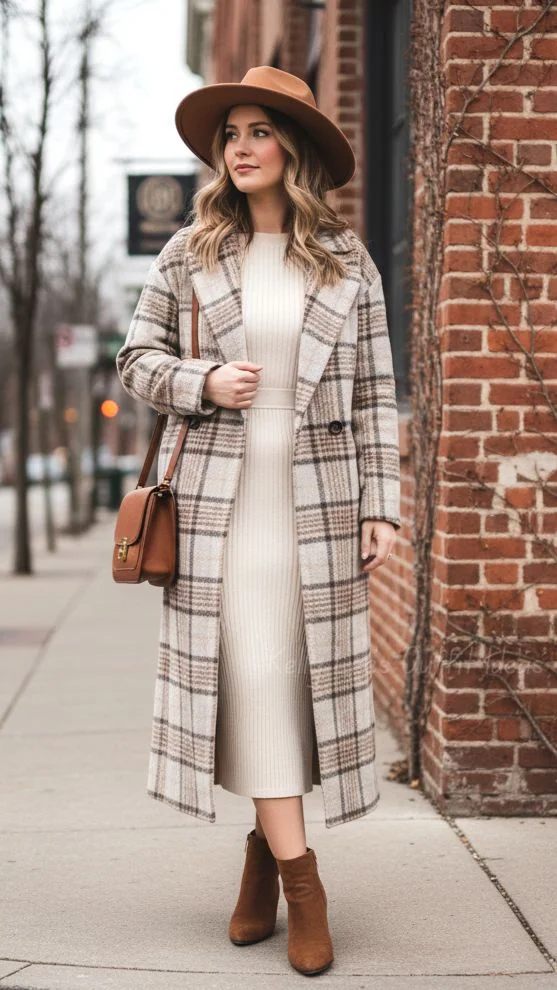 Soft Layers, Dreamy Details: 17 Fall Outfits Aesthetic Lovers Will Save for Later 15 Oversized Plaid Coat With a Mini Dress