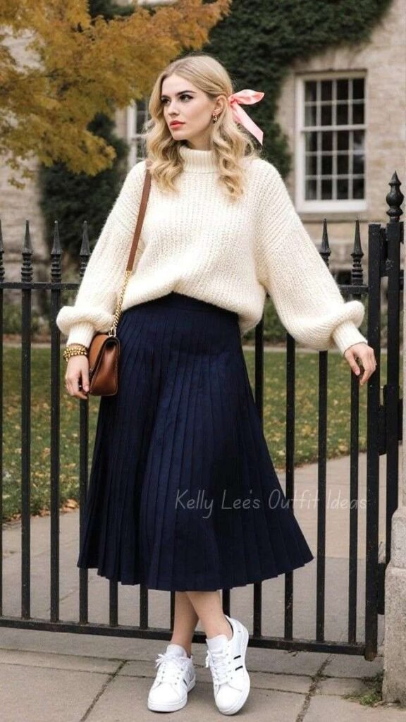 Soft Layers, Dreamy Details: 17 Fall Outfits Aesthetic Lovers Will Save for Later 4 Oversized Varsity Sweater With a Midi Skirt