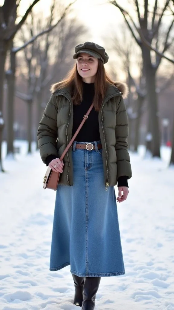 Parka With a Ribbed Turtleneck and Denim Skirt