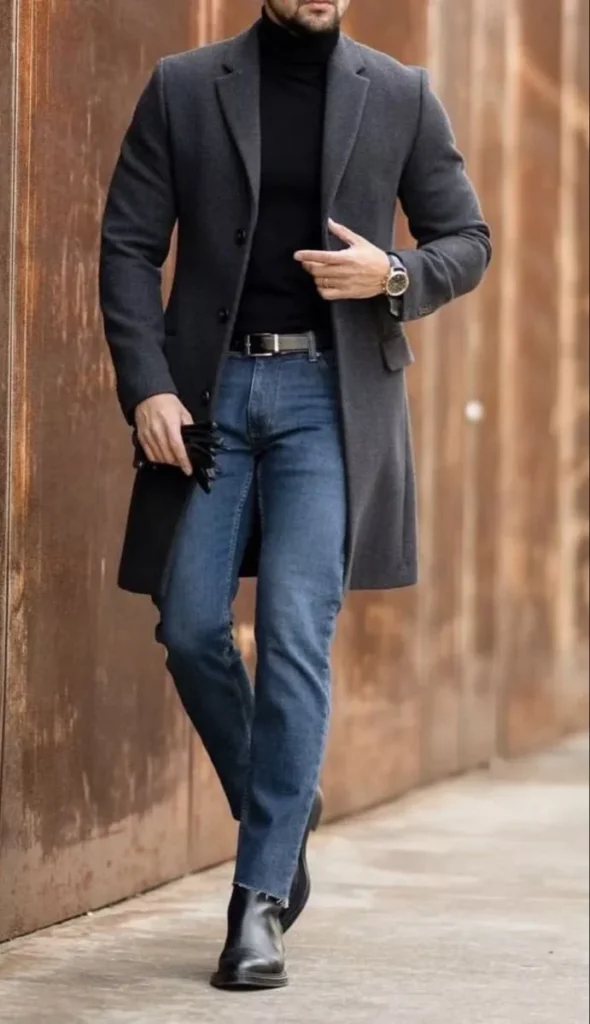 Cool Layers, Zero Fuss: 16 Fall Outfits Men Can Actually Wear 11 Peacoat With Turtleneck and Jeans