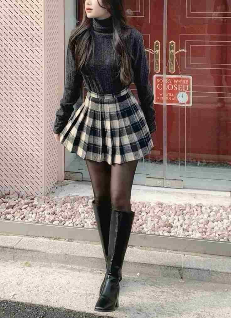 Fall Dressing Made Easy: 16 Fall Outfits for Women That Feel Effortlessly Stylish 11 Plaid Mini Skirt With Tights and Boots