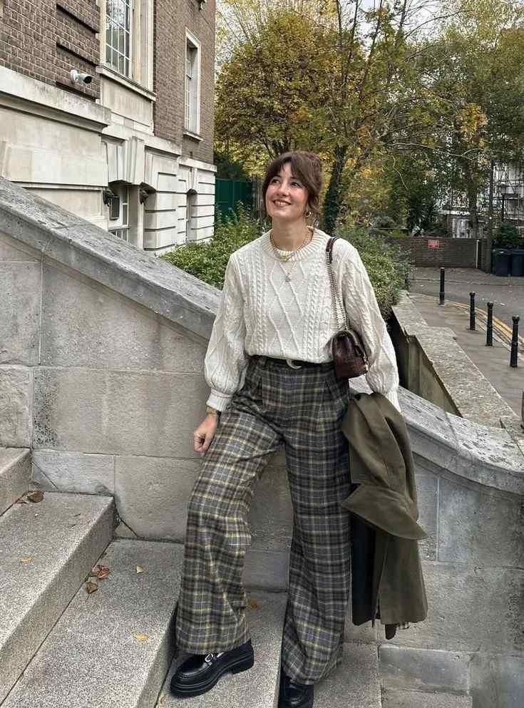 Plaid Wool Trousers With a Padded Jacket