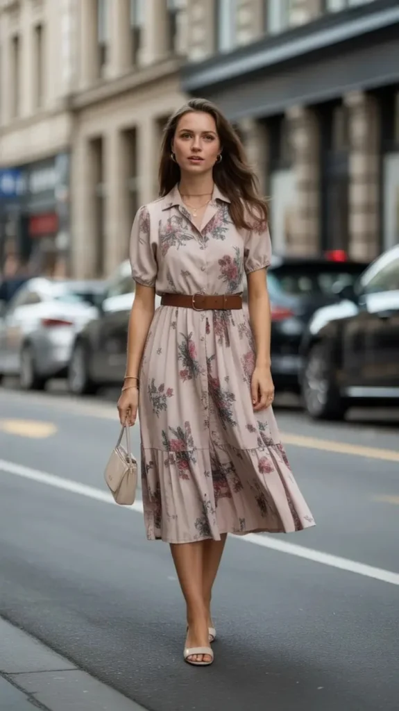 Printed Midi Dress With a Structured Belt