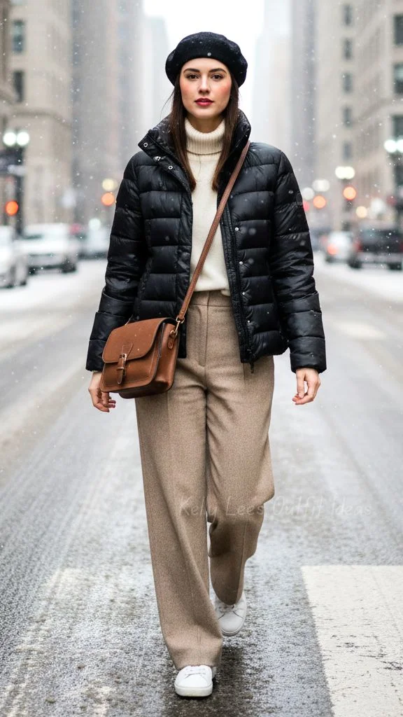 Puffer Coat With Wide Leg Knit Pants