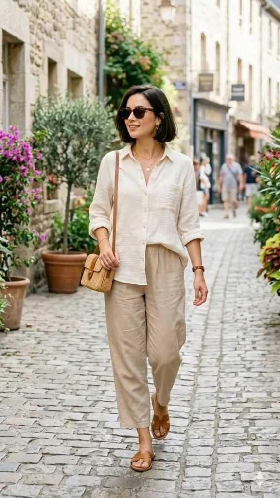 That In-Between Weather Look: 16 Early Fall Outfits That Feel Just Right 11 Relaxed Blouse With Cropped Chinos