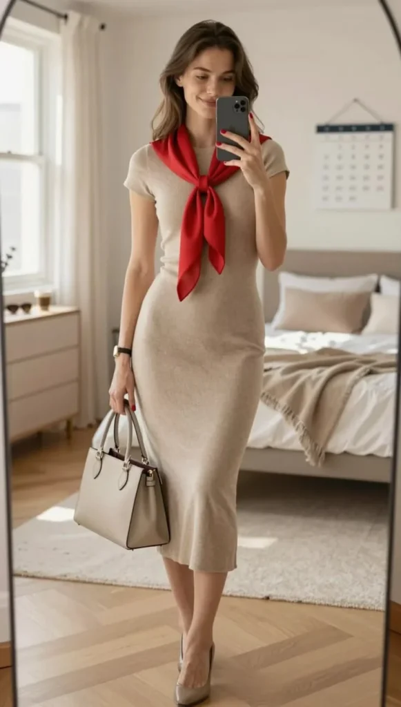 That In-Between Weather Look: 16 Early Fall Outfits That Feel Just Right 10 Ribbed Midi Dress With a Lightweight Scarf
