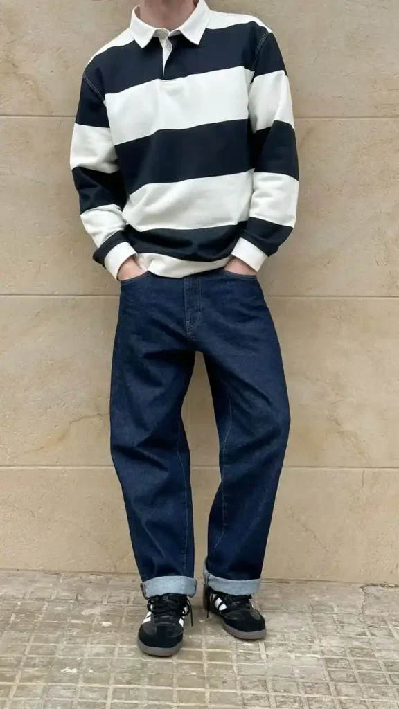 Easy Style Days: 14 Casual Fall Outfits That Still Look Put Together 6 Rugby Shirt With Vintage Wash Denim
