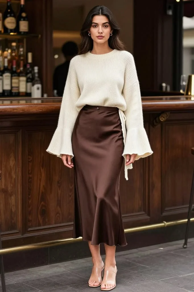 Fall Dressing Made Easy: 16 Fall Outfits for Women That Feel Effortlessly Stylish 14 Satin Midi Skirt With a Chunky Sweater