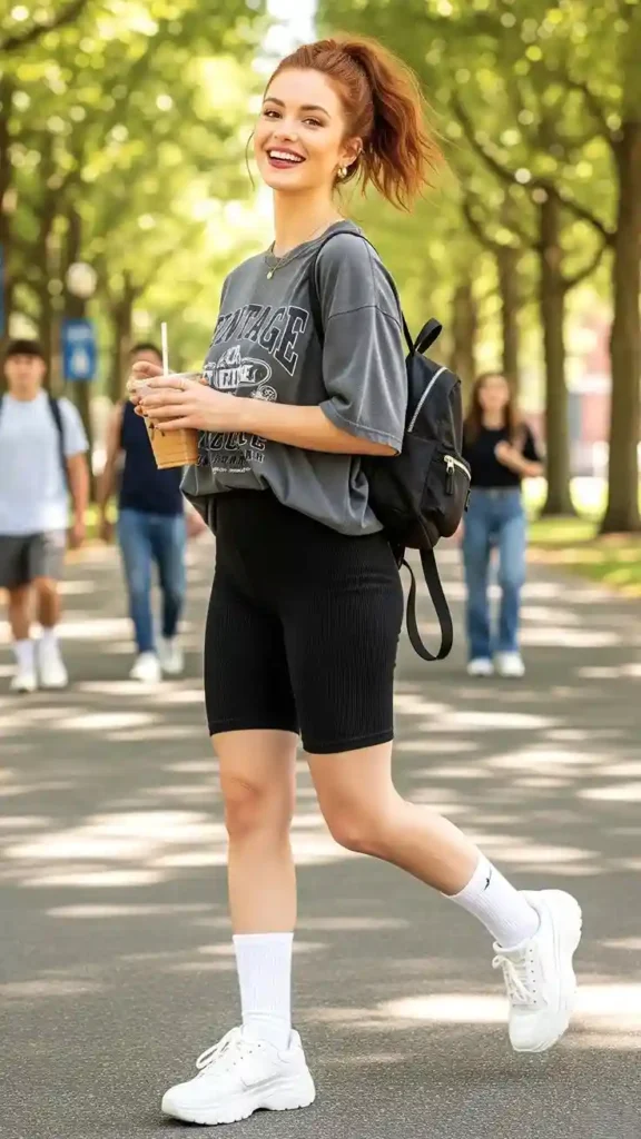 Cute, Cozy, and Easy: 15 Cute Fall Outfits You’ll Want on Repeat 14 Shacket With Bike Shorts and Tall Socks