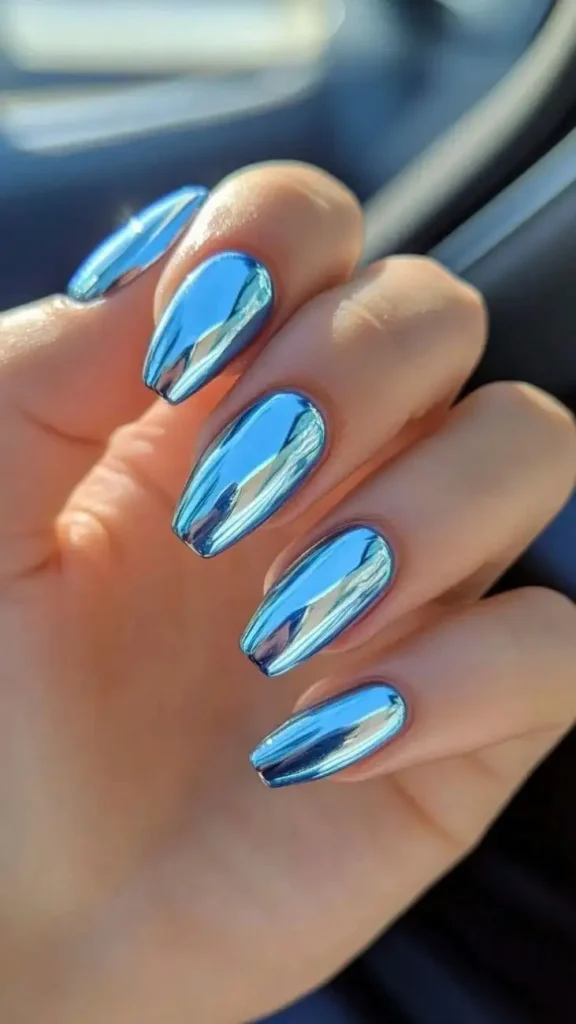 16 Blue Chrome Nails That Look Expensive, Cool, and Main Character Approved 12 Sky Blue Chrome Nails