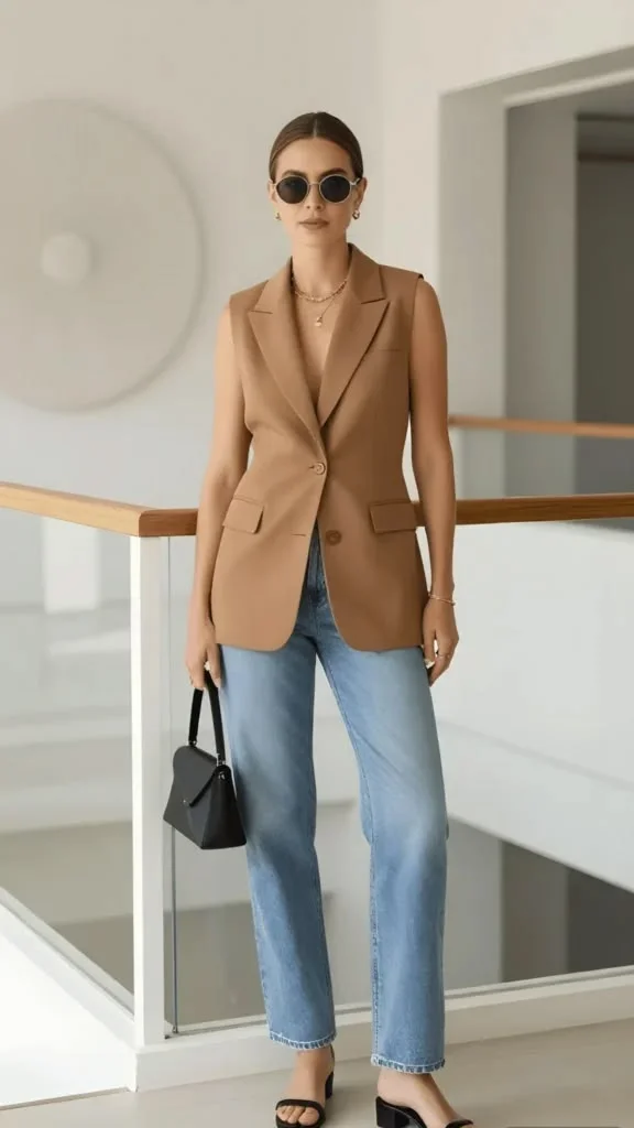 That In-Between Weather Look: 16 Early Fall Outfits That Feel Just Right 12 Sleeveless Blazer With a Basic Tank