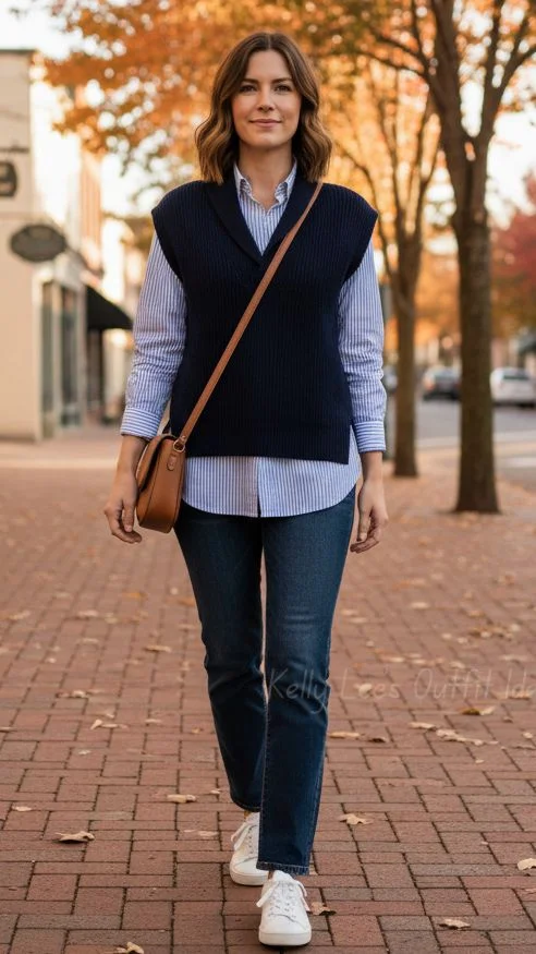 Sleeveless Sweater With a Crisp Poplin Shirt