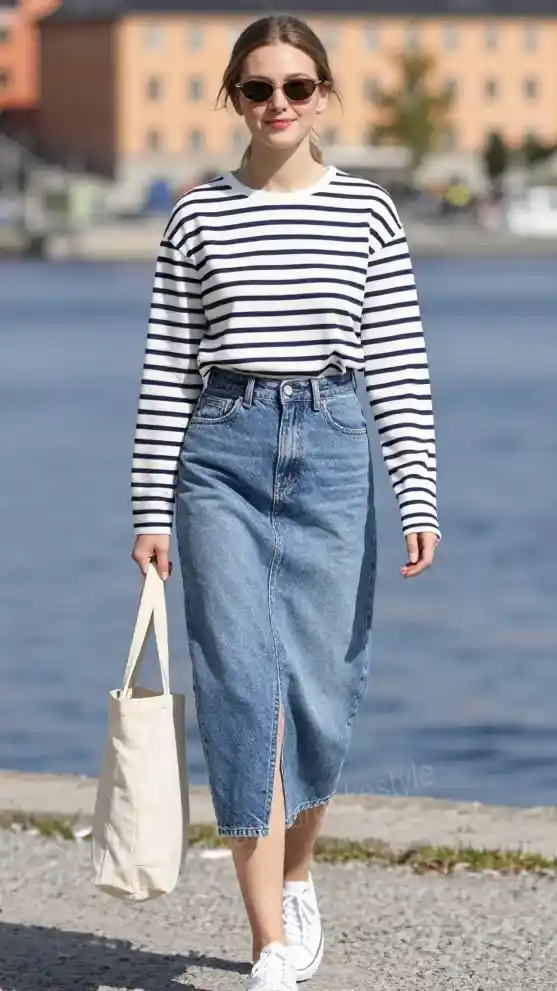 Easy Style Days: 14 Casual Fall Outfits That Still Look Put Together 8 Soft Crewneck Sweatshirt With a Midi Denim Skirt