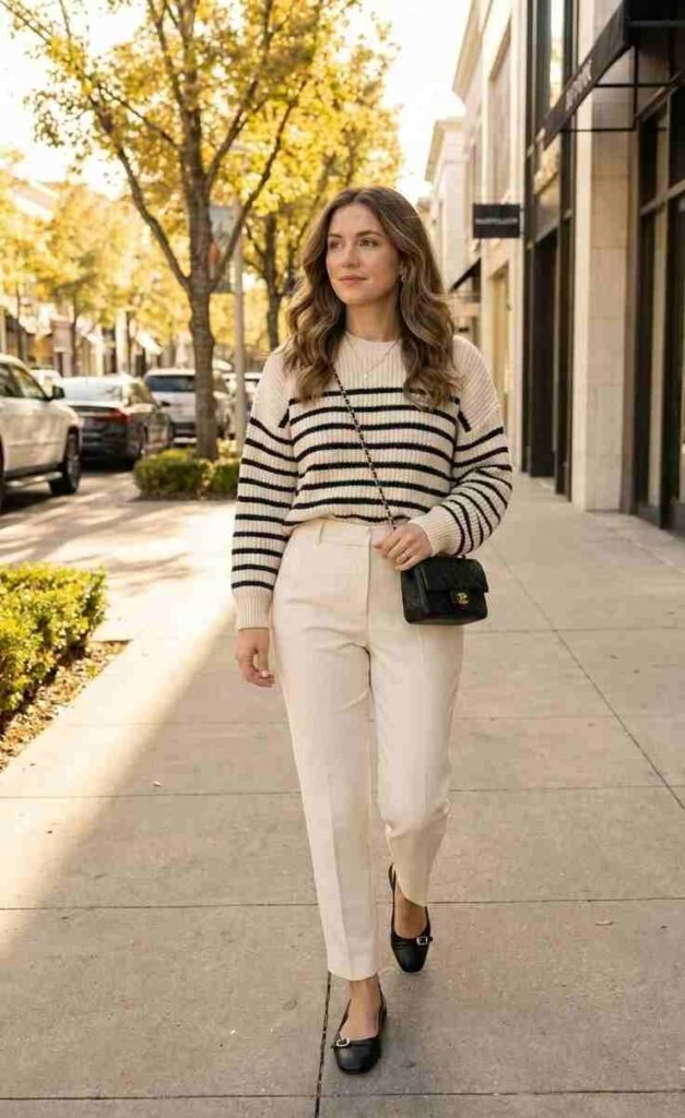 Fall Dressing Made Easy: 16 Fall Outfits for Women That Feel Effortlessly Stylish 16 Striped Sweater With Tailored Pants