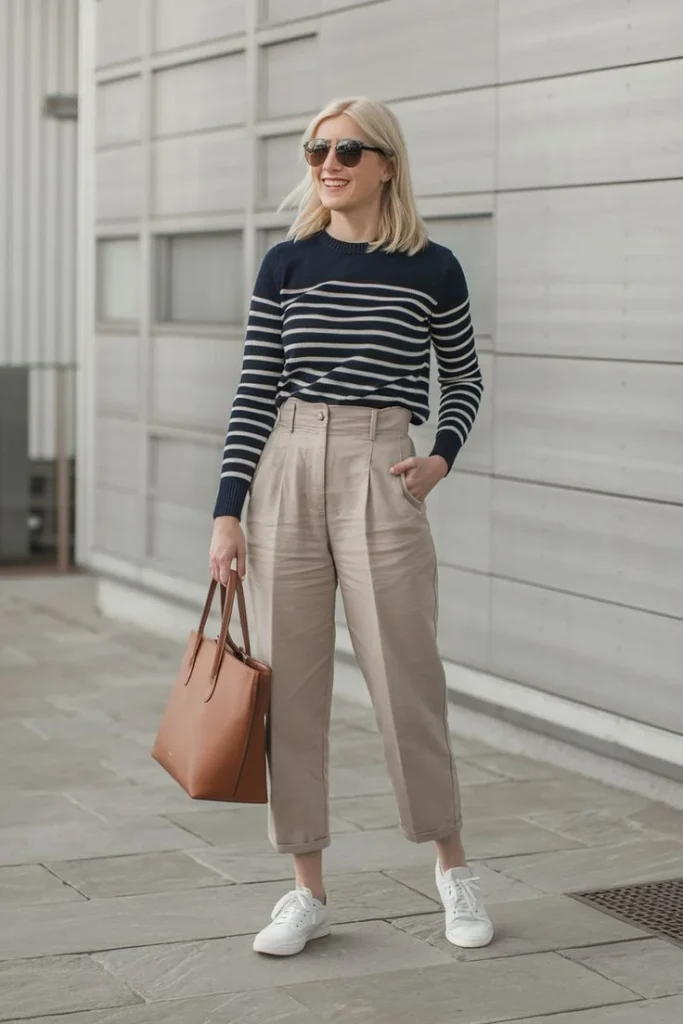 16 Simple Outfit Ideas That Look Effortless, Chic, and Actually Wearable 12 Striped Top Neutral Pants