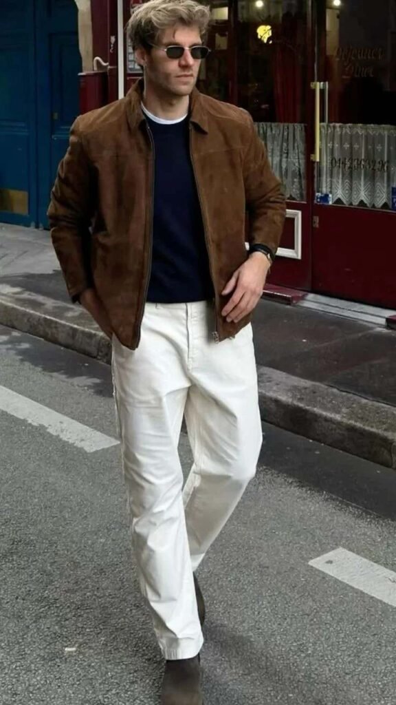 Cool Layers, Zero Fuss: 16 Fall Outfits Men Can Actually Wear 5 Suede Bomber With Knit Polo