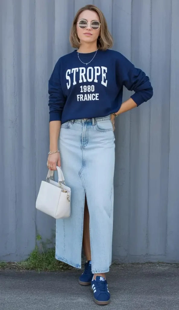 Sweatshirt Denim Skirt Chunky Sneakers