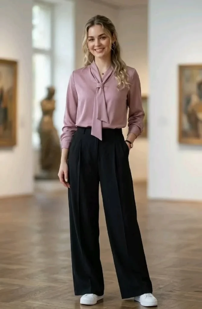 Tie Neck Blouse With Dark Straight Trousers