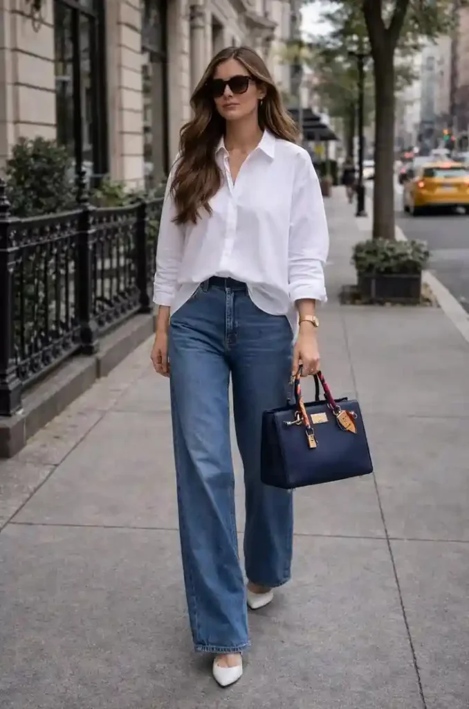 17 White Outfit Ideas That Look Expensive Without Trying Too Hard 2 White Button Down Shirt With Relaxed Jeans