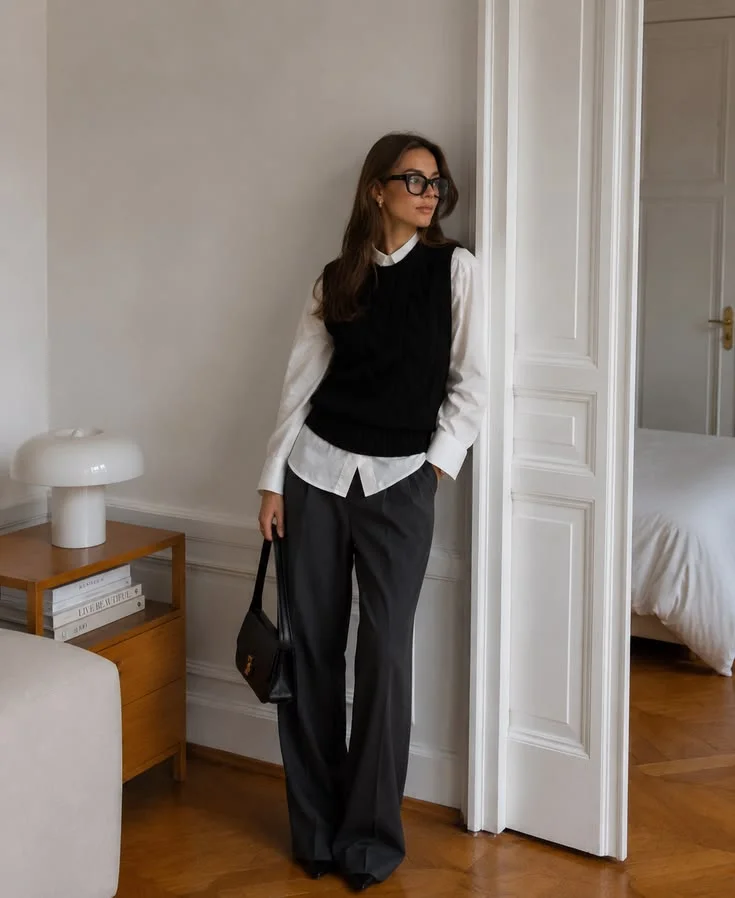 Fall Dressing Made Easy: 16 Fall Outfits for Women That Feel Effortlessly Stylish 9 White Button Down Under a Knit Vest