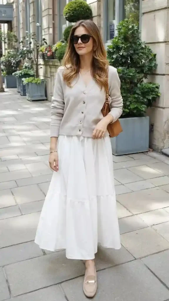 17 White Outfit Ideas That Look Expensive Without Trying Too Hard 16 White Cardigan With a Matching Midi Skirt