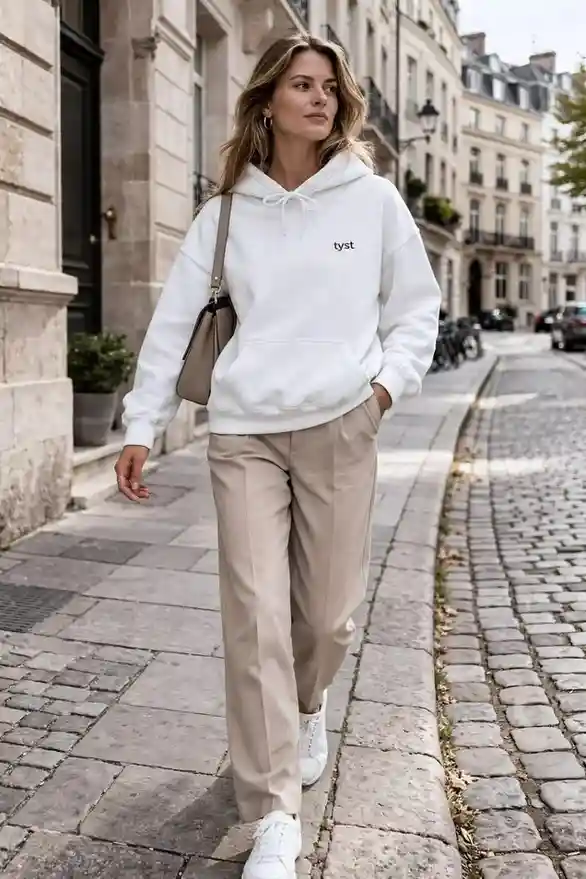 17 White Outfit Ideas That Look Expensive Without Trying Too Hard 17 White Hoodie With Tailored Trousers