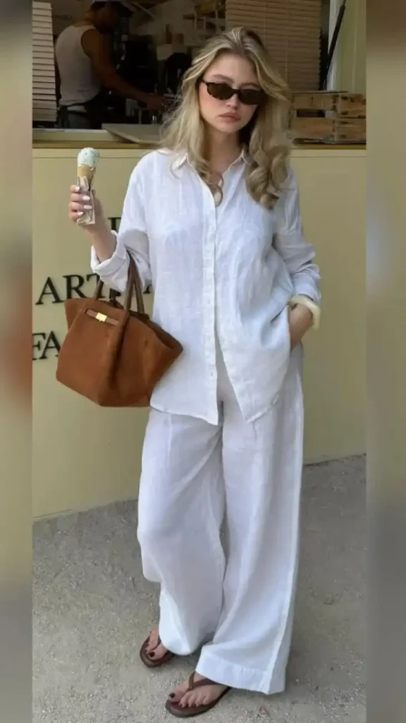 17 White Outfit Ideas That Look Expensive Without Trying Too Hard 3 White Linen Shirt and Matching Linen Trousers