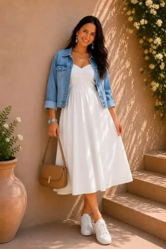 17 White Outfit Ideas That Look Expensive Without Trying Too Hard 14 White Slip Dress With a Denim Jacket