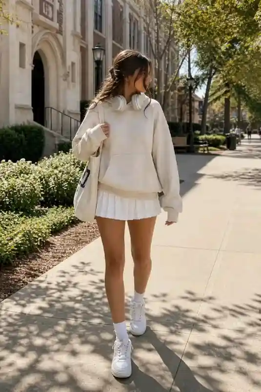 17 White Outfit Ideas That Look Expensive Without Trying Too Hard 12 White Sweatshirt With a Pleated Skirt