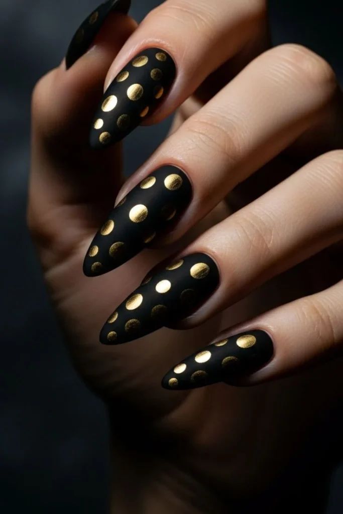 15 Fall Nails Polka Dots Ideas That Add A Cute Touch To Your Autumn Manicure 6 Black And Gold Polka Dot Fall Nails
