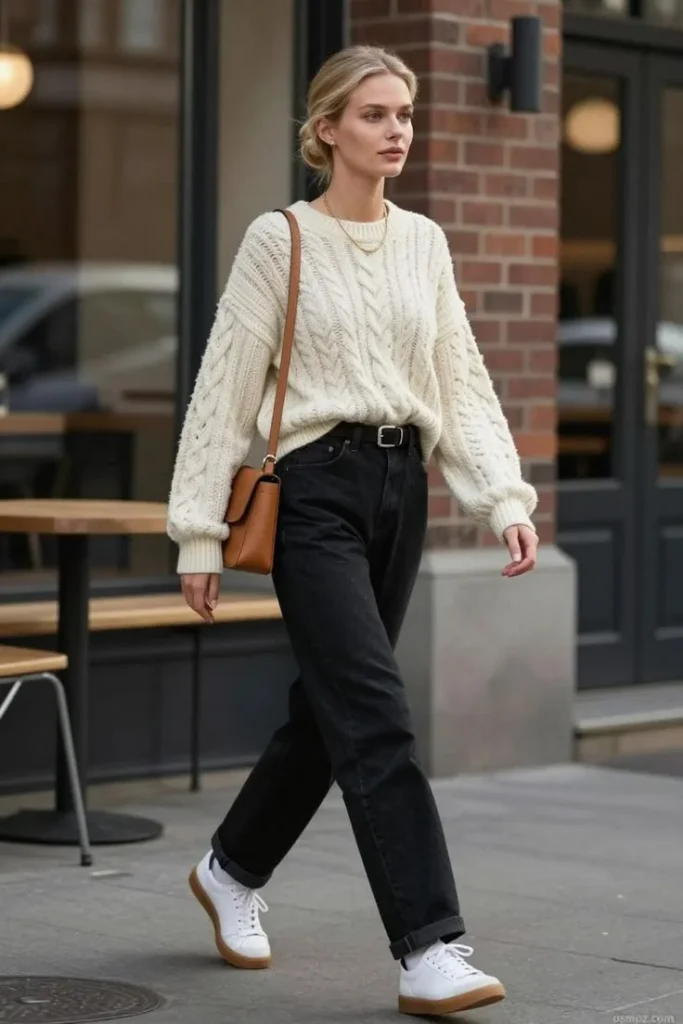 17 Simple Fall Outfits That Make Everyday Dressing Easy and Stylish 9 Black Jeans With a Chunky Knit Sweater