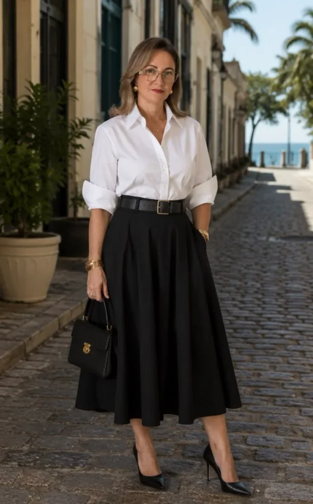 17 Fall Outfits Skirt Ideas That Bring a Chic Touch to Your Autumn Wardrobe 10 Black Skirt With a White Button Up Shirt