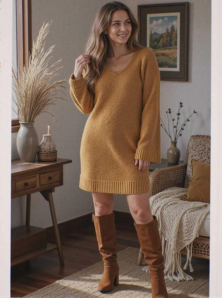 16 Boho Fall Outfits That Bring Cozy Free-Spirited Style to Autumn Days 15 Boho Sweater Dress With Knee High Boots