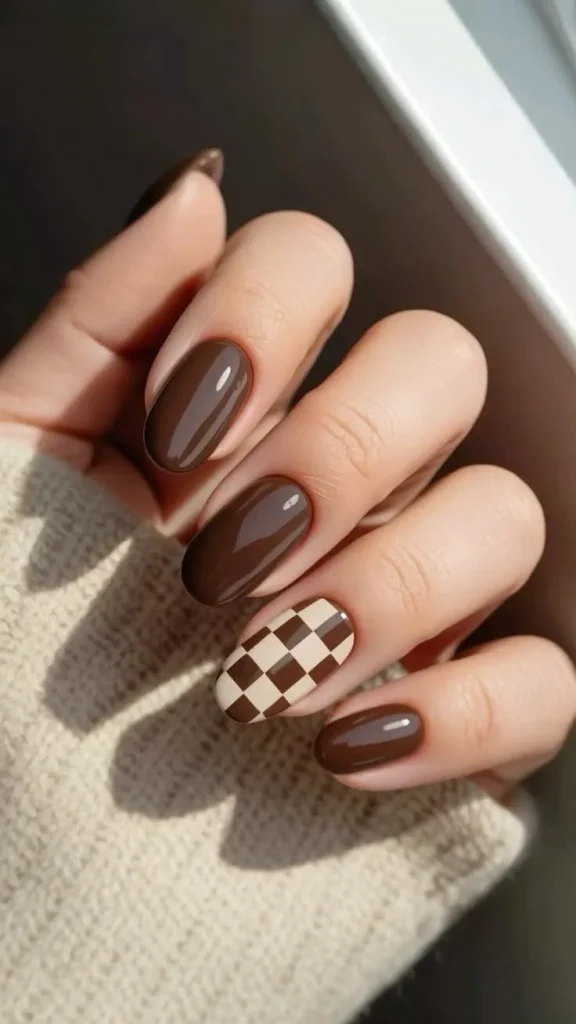 15 Brown Fall Nails Ideas That Create The Perfect Cozy Autumn Manicure 12 Brown And Cream Checkered Nails