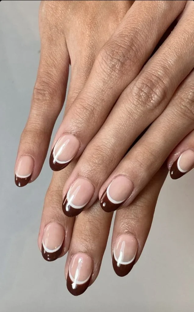 16 Fall Nails French Tip Ideas That Give A Classic Manicure A Cozy Autumn Twist 8 Brown And Cream Double French Tips