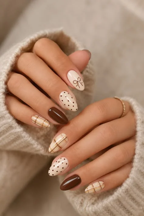 15 Fall Nails Polka Dots Ideas That Add A Cute Touch To Your Autumn Manicure 1 Brown And Cream Polka Dot Nails
